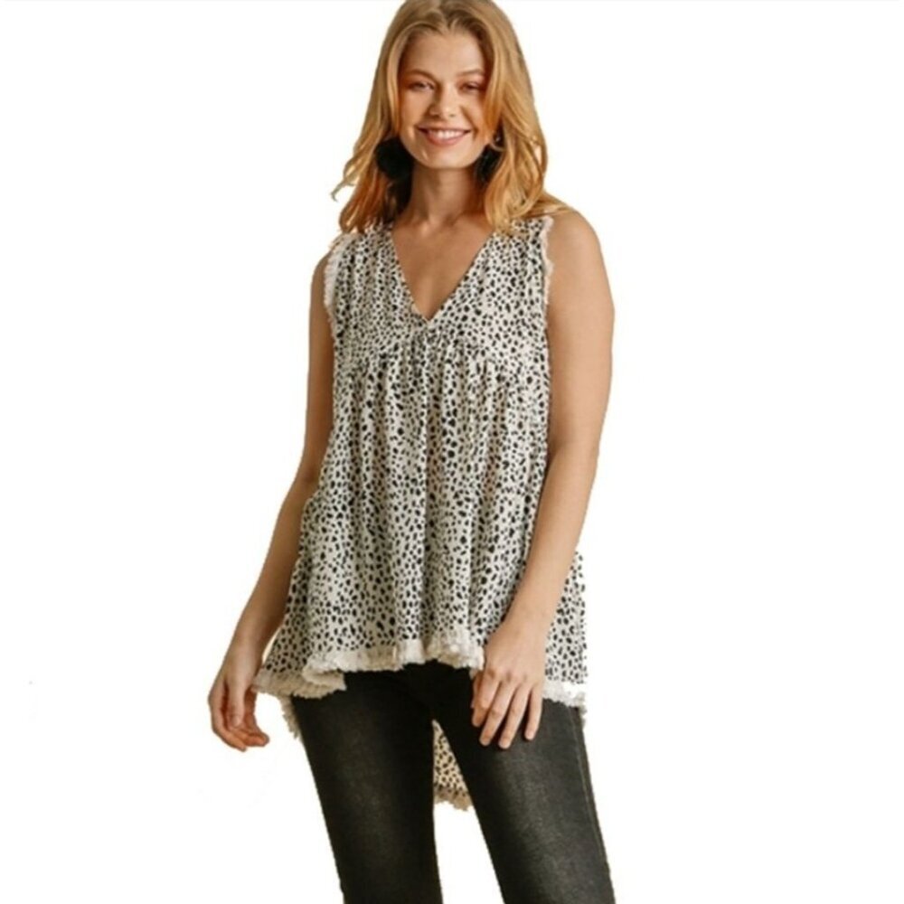 Umgee Small Boho Babydoll Cowgirl Animal Print Rodeo Fringe Hem Festival Top